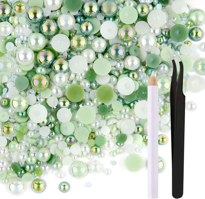 ASTARON 50g Mix Flatback Rhinestones Half Pearls for Crafts Mixed Size 3mm-10mm Flat Back Rhinestones for Crafts Flatback Pearls for DIY Tumblers Mugs Nail Art Shoes Clothes (Fresh Green Series) - Image 1